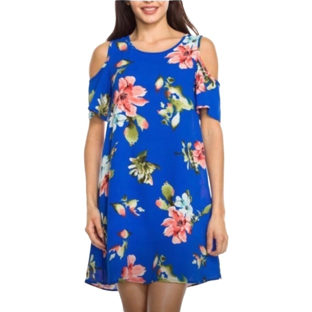 Lime & Chili Floral Cold Shoulder Dress Royal Blue Size S, M, & L New